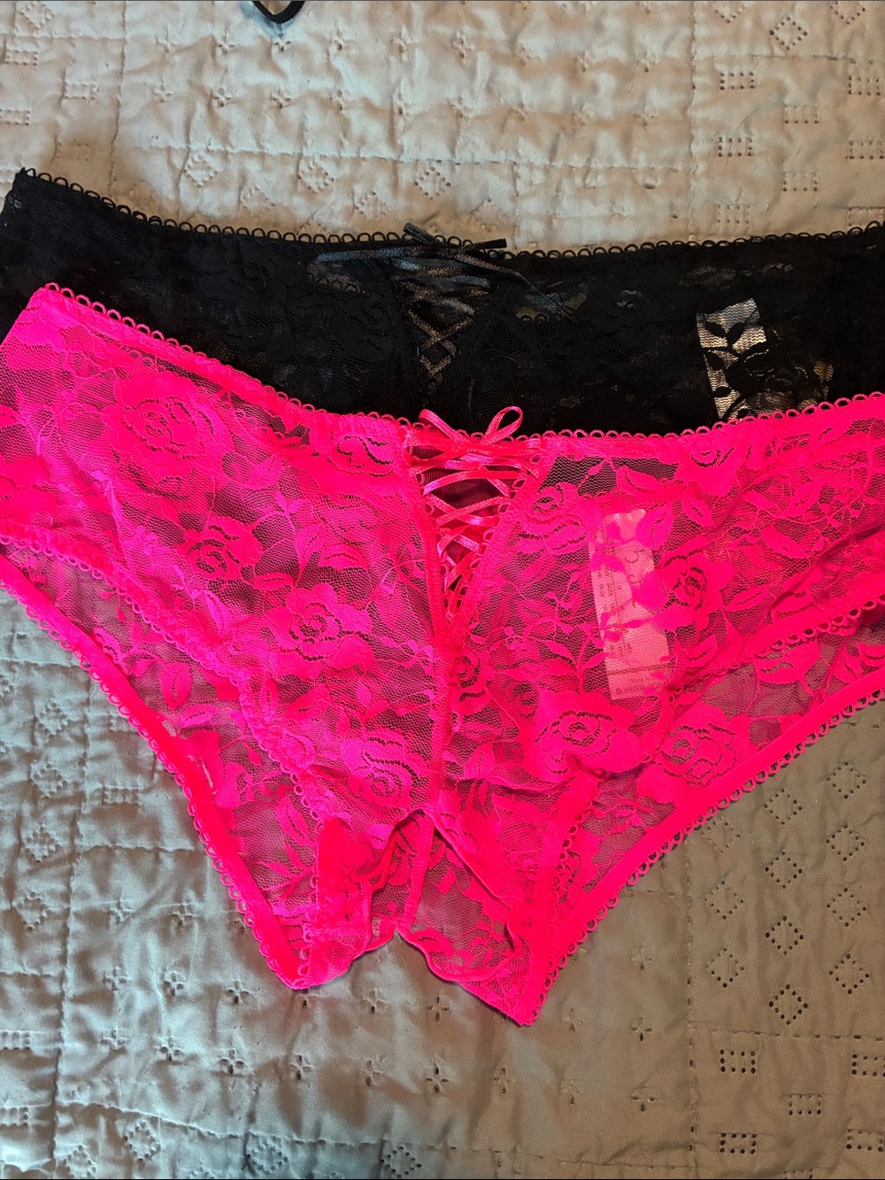 Lace-Front Hipster Panty - Hot Pink & Black crotchless two pair